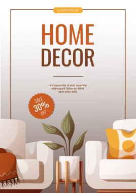 El ilanı tasarımı, rahat beyaz koltuklar ve çiçekli. İç tasarım, ev dekorasyonu, mobilyalar, oturma odası konsepti. Pankart, reklam ve tanıtım için vektör illüstrasyonu. 