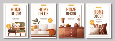 İçinde rahat bir kanepe, koltuk, çekmeceler, yastıklar, iç dekorasyon olan el ilanları. Pankart, tanıtım ve reklam için vektör illüstrasyonu.