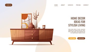 Ahşap televizyon standı ve dekoratif vazoları olan web sayfası tasarımı. İç dizayn, mobilya, oturma odası, ev dekorasyonu konsepti. Pankart, web sitesi için vektör illüstrasyonu.