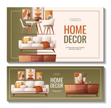 Konforlu ev dekorasyonu. Mobilyalı pankartlar. Çevrimiçi alışveriş için web sayfası geçmişi