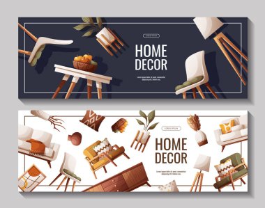 Konforlu ev dekorasyonu. Mobilyalı pankartlar. Çevrimiçi alışveriş için web sayfası geçmişi