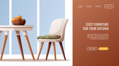 Mobilyaları, masası ve yastıklı sandalyesi olan rahat, düz bir iç pankart. 