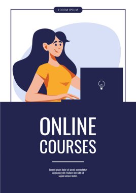 Eğitim broşürü. Çevrimiçi kurslar öneren bir kadının resmi 