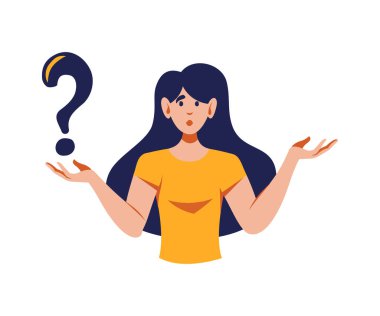 Soru ikonlu bir kadın. Düz stil vektör çizimi. Eğitim, öğrenim, karar, destek, kafa karışıklığı, seçim, ikilem, sorun kavramı.