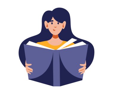 Kitap okuyan kadın, düz stil vektör çizimi. Eğitim, kitapçı, bilgi, öğrenci konsepti.