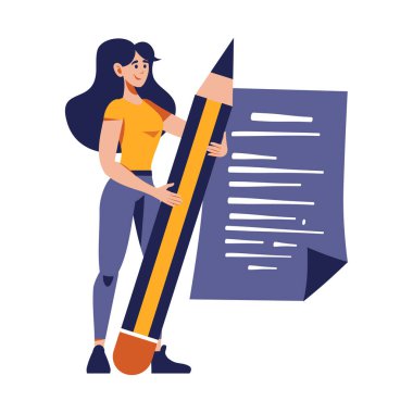 Büyük kalemli ve yazılı kağıtlı bir kadın. Düz stil vektör çizimi. Eğitim, bilgi, öğrenim kavramı.