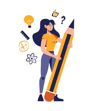 Büyük kalem ve eğitim simgeleriyle bir kadın. Düz stil vektör çizimi. Eğitim, bilgi, öğrenim kavramı.