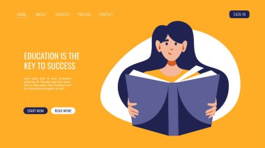 Web page design with woman reading book. Vector illustration. Education, bookstore, knowledge, student concept.