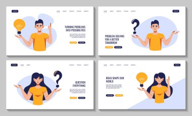 Soru ikonu ve ampul ikonu olan insanlara karşı bir grup ağ hiddetleniyor. Pankart için vektör illüstrasyonu, web sitesi. Karar, destek, problem çözümü, fikir, iletişim kavramı.