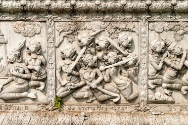 Tayland, Ayutthaya tapınağı duvar levreği, tanrıların oymaları..