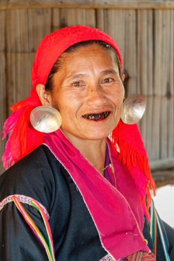 Hill Kabileleri, Chiang Rai, Tayland - 23 Ocak 2007: Palong Hill kabilesinin geleneksel kıyafetleri içindeki kadın.