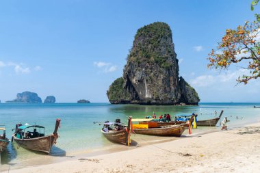 Tayland, Krabi 'de tropikal bir plaja demirlemiş uzun kuyruklu tekneler. ziyaretçi çekim yeri 