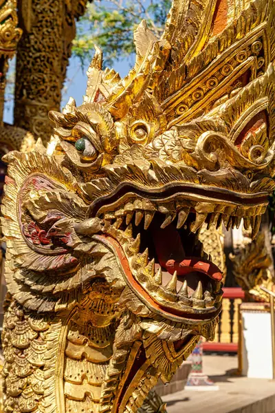Tayland, Chiang Mai 'deki Wat Phra Singh' de Phaya Naga 'nın altın heykeli (efsanevi yılan veya ejderha). 