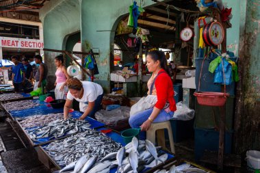 Satıcılar ve taze avlarla dolu balık pazarı, Leyte, Filipinler