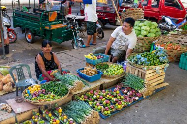 Taze ürün satan satıcılarla açık hava pazarı, Leyte, Filipinler