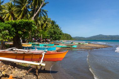 Filipinler 'in güneyinde tropikal kumlu kıyı şeridi boyunca dinlenen renkli tekneler