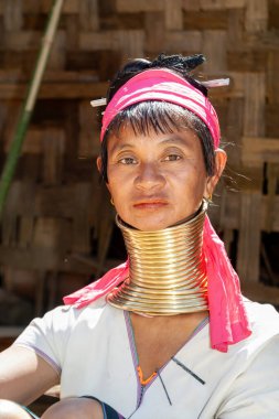 Uzun Boylu Bayan Karen Kabilesi 'nin yakın portresi.