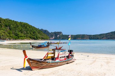 Phi Phi Adaları sahilinde geleneksel tekneler