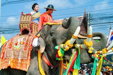 Tayland 'da Ayutthaya festivalinde geleneksel kostümlü Taylandlılar fil biniyor.