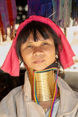 Uzun Boylu Bayan Karen Kabilesi 'nin yakın portresi.