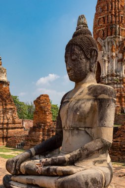  Ayutthaya, Tayland 'daki Wat Mahathat' da Buda heykeli.