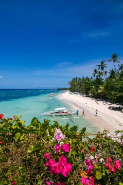 Bohol, Filipinler - 21 Nisan 2018: Filipinler, Panglao Adasındaki Alona Sahili 'nde geleneksel sürat tekneleri.