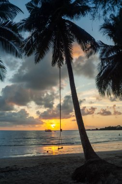 Sakin okyanus suyunun üzerinde renkli günbatımını çerçeveleyen tropik palmiye ağaçları, Koh Chang, Tayland
