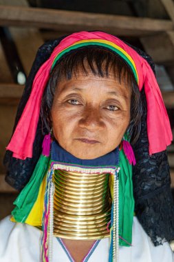 Uzun Boylu Bayan Karen Kabilesi 'nin yakın portresi.