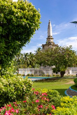 Mactan Filipinleri 'ndeki anıtın yanındaki yemyeşil bahçe çiçekleri