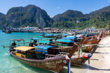 Phi Phi Adası Krabi Tayland 30 Ocak 2016 Pileh Gölü 'nde tekne ve turistler yüzmek için neredeyse tamamen kapalı bir bölge..