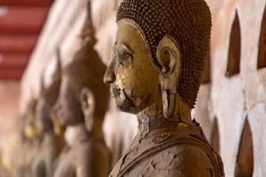 Vientiane, Laos 'taki Budist tapınağı Wat Si Saket' te sıra sıra Buda heykelleri.