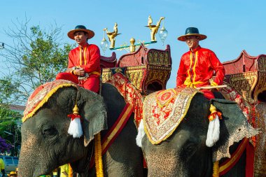 Ayutthaya, Tayland 'da kutlama sırasında fillere binen Asyalılar 