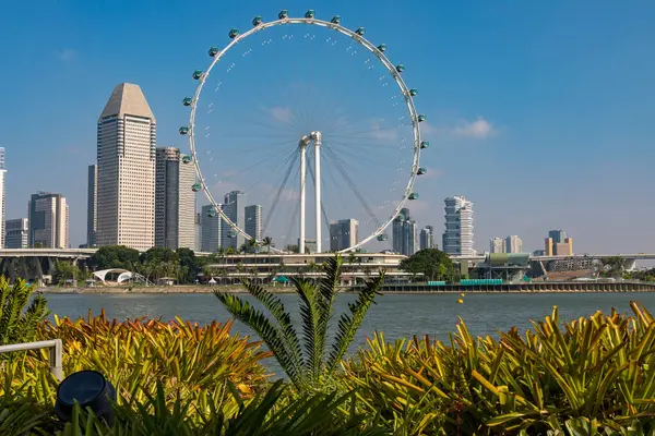 Dönme dolap ve yeşillik içeren Singapur silüeti