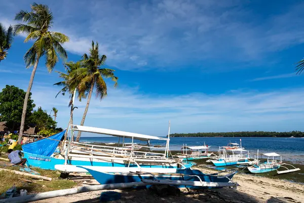 Geleneksel Filipinli Avara Demiri Tekneleri Tropik Plajda, Camotes, Filipinler