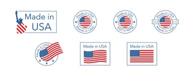 Etiketler Amerikan yapımı. Amerikan amblem damgası ve bayrak. İzole edilmiş düz vektör aydınlatması