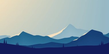 Manzara, dağ siluetleri. Minimalist doğal duvar kağıtları düz bir stilde. Mavi arka plan. Vektörel illüstrasyon