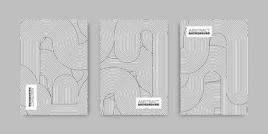 Yuvarlak çizgiler soyut vektör şablon poster seti. Yuvarlak şekilli dalgalı doğrusal poster koleksiyonu. Modern vektör illüstrasyonu