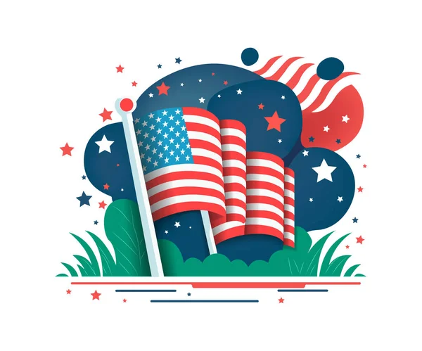 Feliz Julho Dia Independência Ilustração Plana Cartaz Americano Com Bandeira — Vetor de Stock