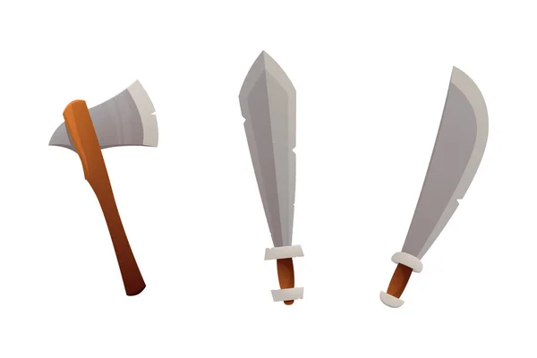 Ancient Weapons Sword Axe Saber Vector Cartoon Set Fantasy War — Stock Vector
