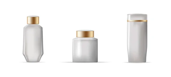 Ρεαλιστικά Καλλυντικά Μπουκάλι Mockup Σετ Λευκό Χρυσά Στοιχεία Πλαστικό Δοχείο — Διανυσματικό Αρχείο