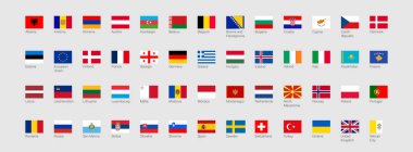 Avrupa ülkelerinin 52 bayrağı. Avrupa bayrak simgesi seti. Düz element tasarımı. Vektör izole illüstrasyonu