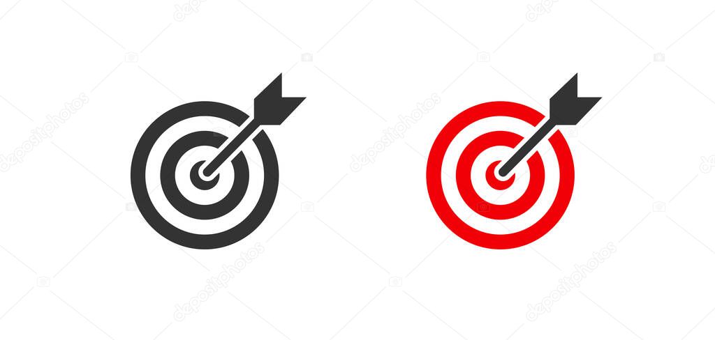 Target dartboard with arrow vector icon. Black and red sign symbol in flat style. Isolated vector illustration for web design