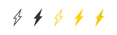 Şimşek çakın. Thunderbolt düz stil simgesi seti. Işık enerjisi, ağ ve uygulama tasarımı için izole vektör illüstrasyonu