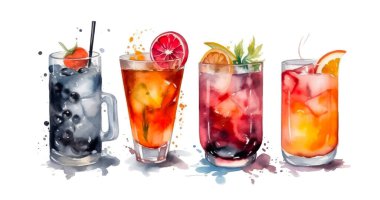 Alkolik kokteyl seti, beyaz arka planda izole edilmiş suluboya. Vektör illüstrasyonu