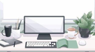 Çalışma alanı: bilgisayarlı ofis ve düz sıcak kahve, vektör illüstrasyonu
