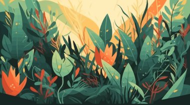 Tropikal bitkilerle arka plan ve yapraklar düz, vektör desenli resimleme