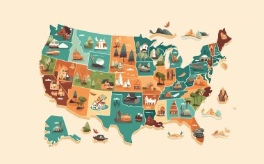 Beyaz arka planda izole edilmiş ABD haritası düz çizgi filmi. Vektör illüstrasyonu