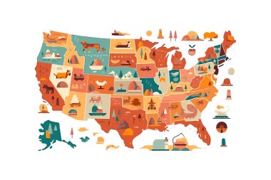 Beyaz arka planda izole edilmiş ABD haritası düz çizgi filmi. Vektör illüstrasyonu