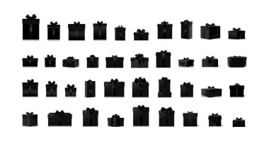 Siyah siluet hediye paketi beyaz arka planda izole edilmiş düz çizgi film. Vektör illüstrasyonu