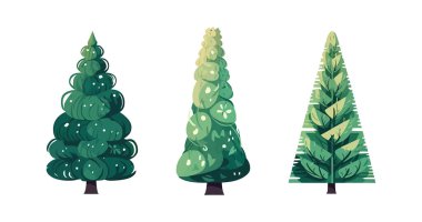 Noel ağacı, beyaz arka planda izole edilmiş düz çizgi film seti. Vektör izole illüstrasyonu